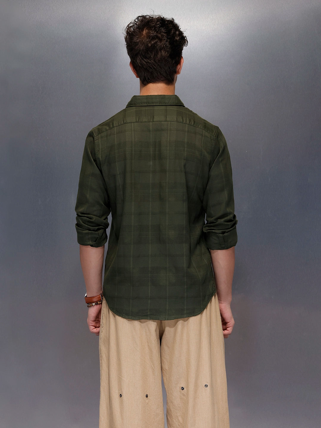 Men’s Dark Green Subtle Check Shirt | Olive