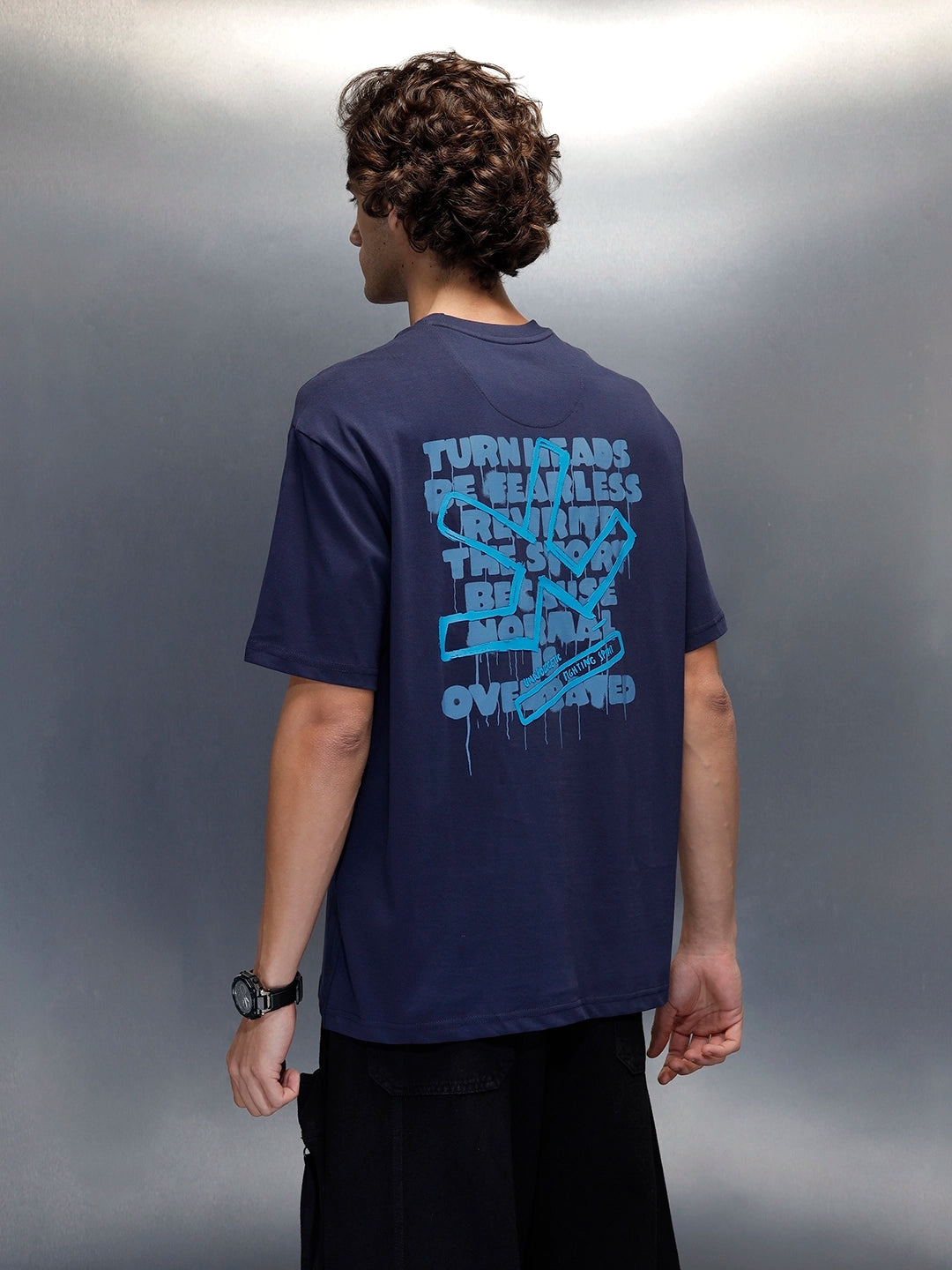 Wrogn Typography Printed Oversized T-Shirt | Navy Blue