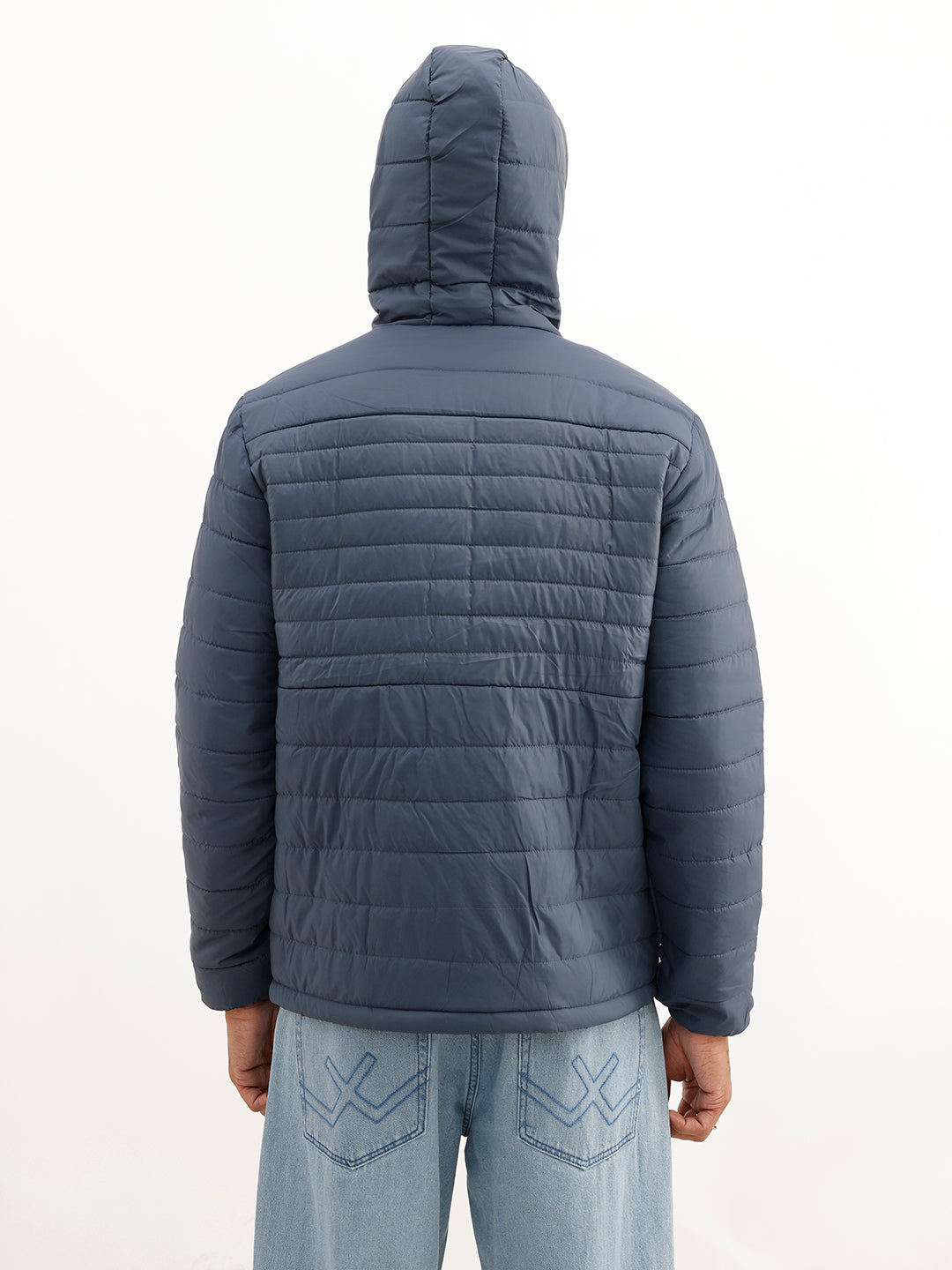 Solid Regular Fit Puffer Hooded Jacket | Blue