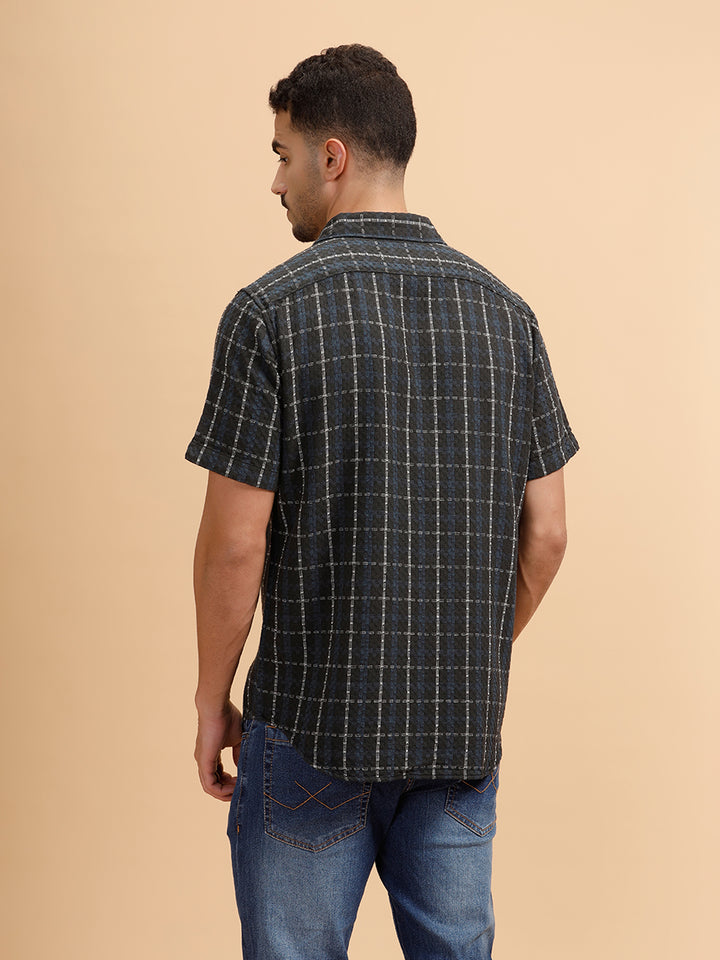 Textured Checks Short Sleeve Shirt | Black