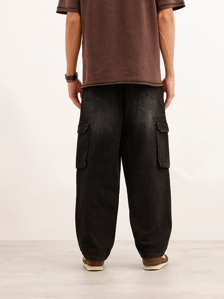 Faded Loose Fit Denim Cargo | Black