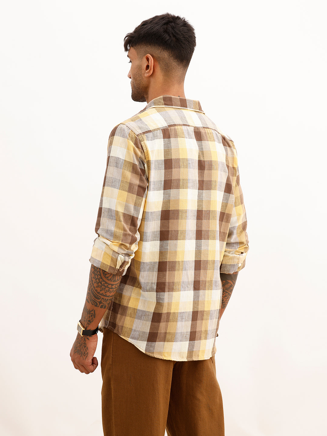Slim Fit Checkered Full Sleeve Shirt | Yellow