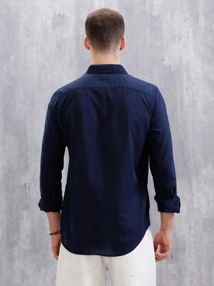 Solid Linen Blend Shirt  | Navy Blue
