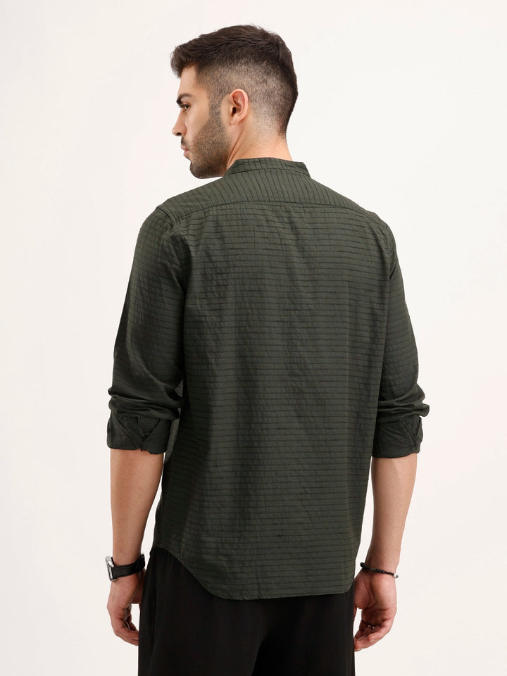 Regular Fit Mandarin Collar Textured Shirt | Dark Green