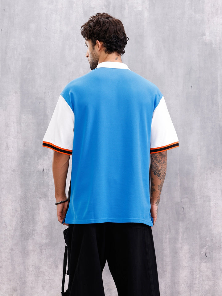 Retro Inspired Color Block Front Zip Polo I Blue