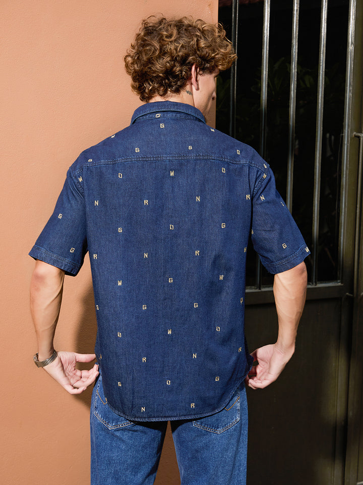 Embroidered Oversized Fit Shirt | Dark Blue