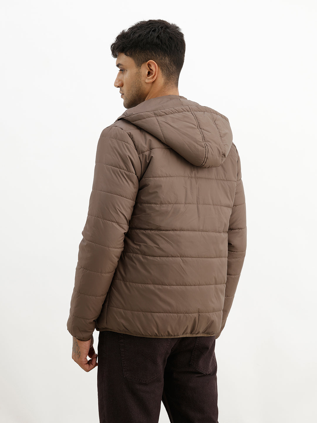 Solid Regular Fit Puffer Jacket | Brown