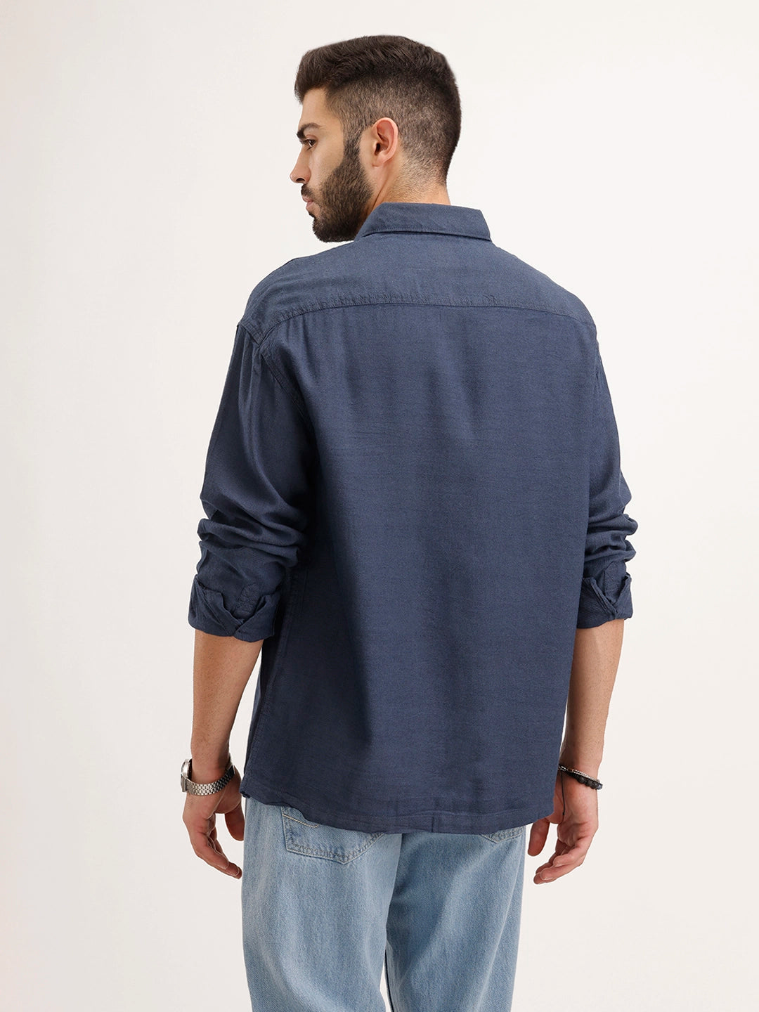 Oversized Solid Double Pocket Shirt | Blue