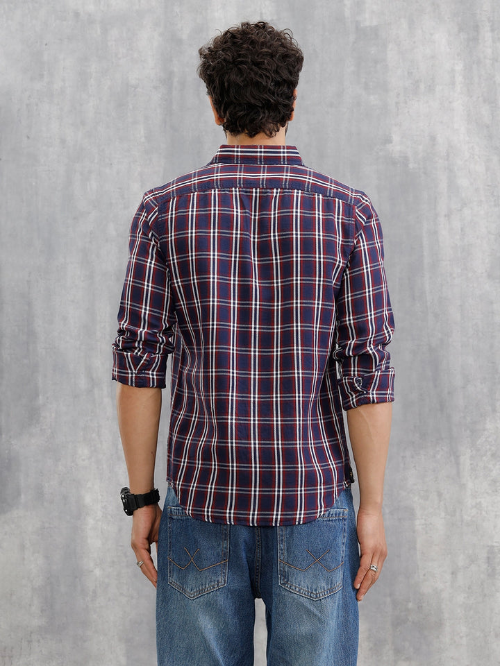 Textured Checkered Cotton Shirt | Navy Blue