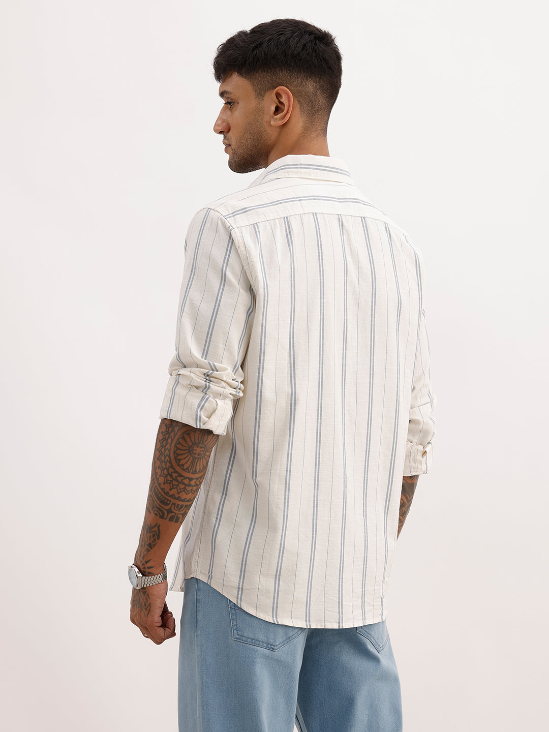 Slim Fit Embroidered Detail Striped Shirt | Off White