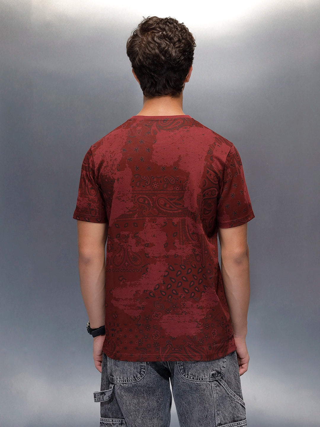 Men's slim fit Casual Tshirt with Paisley AOP  | Maroon