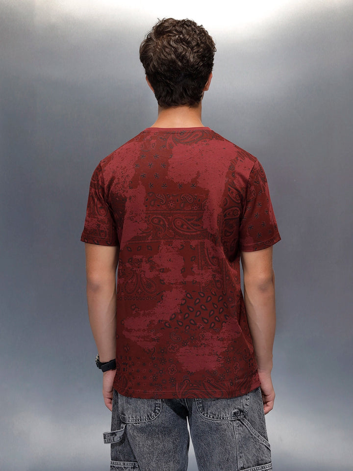Men's slim fit Casual Tshirt with Paisley AOP  | Maroon