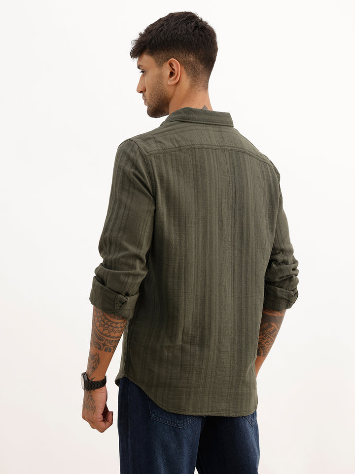Textured Slim Fit Striped Shirt | Olive