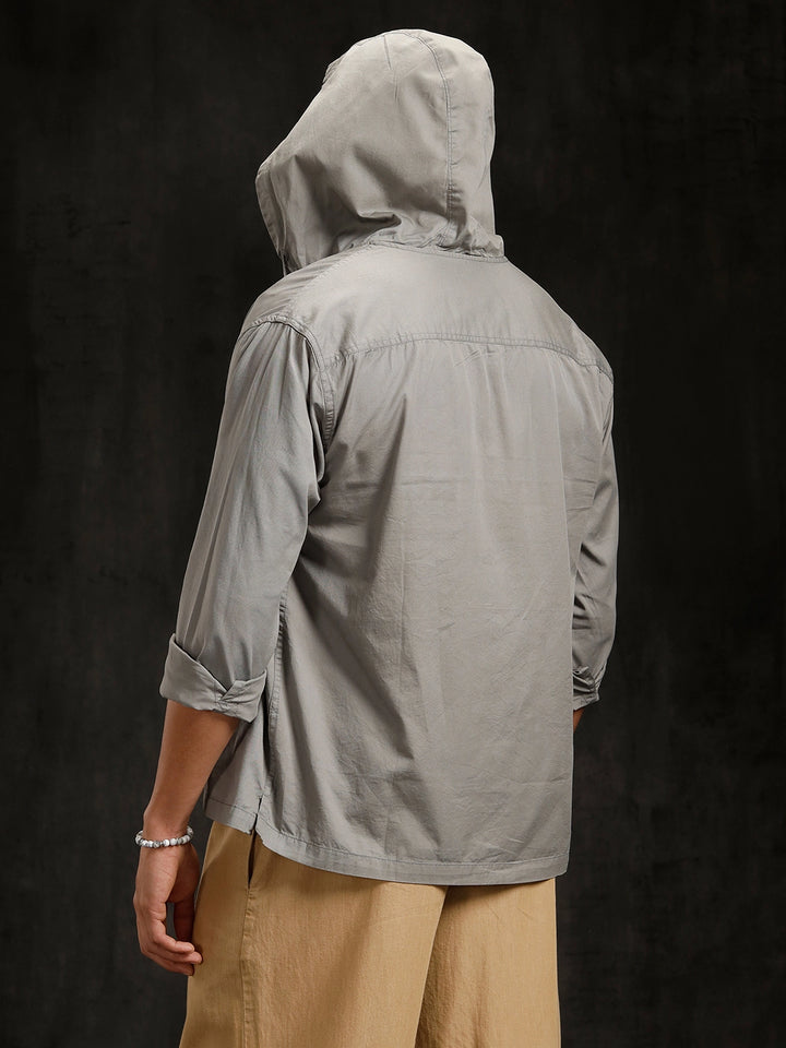 Cotton Twill Hoded Shirt | Grey