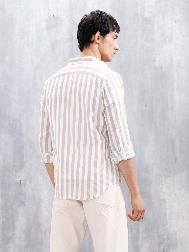 Comfort Fit Striped Casual Shirt For Men | Beige