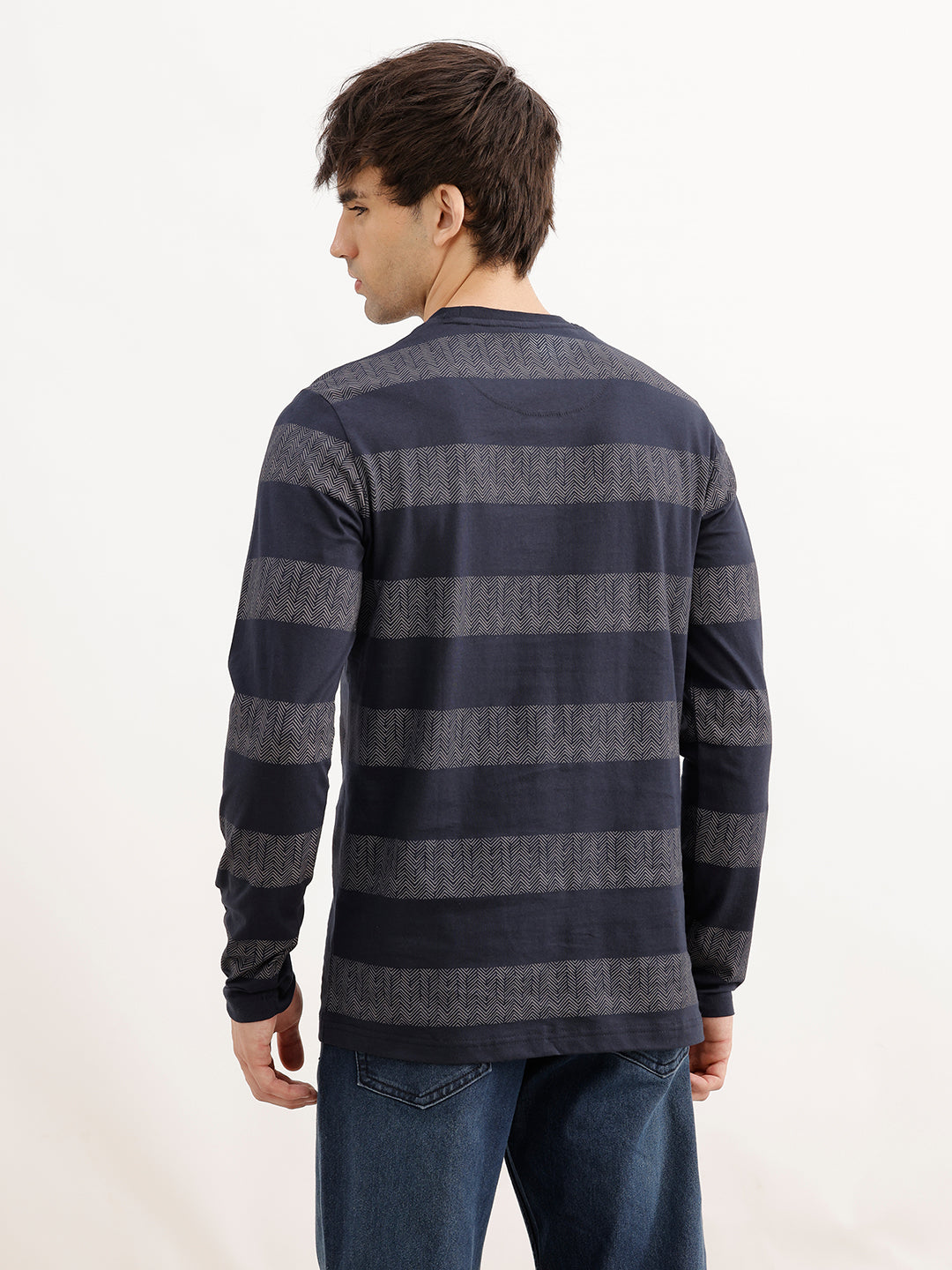 Slim Fit Striped Full Sleeve T-Shirt | Navy Blue | WKTS0446/NS