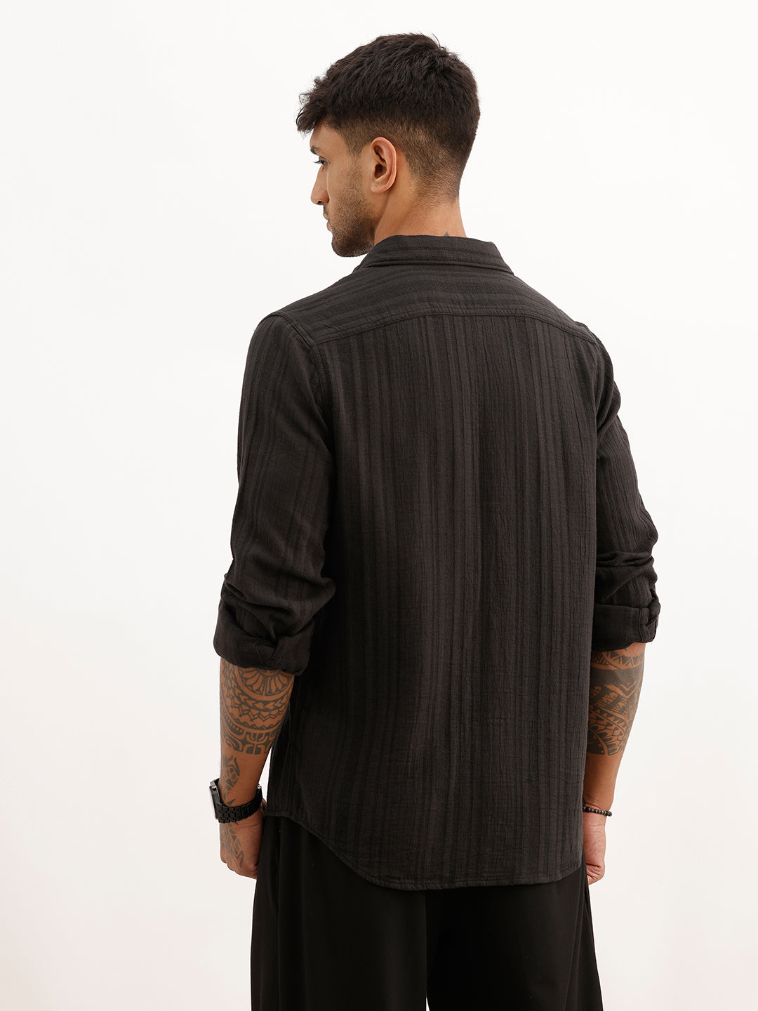 Textured Slim Fit Striped Shirt | Black
