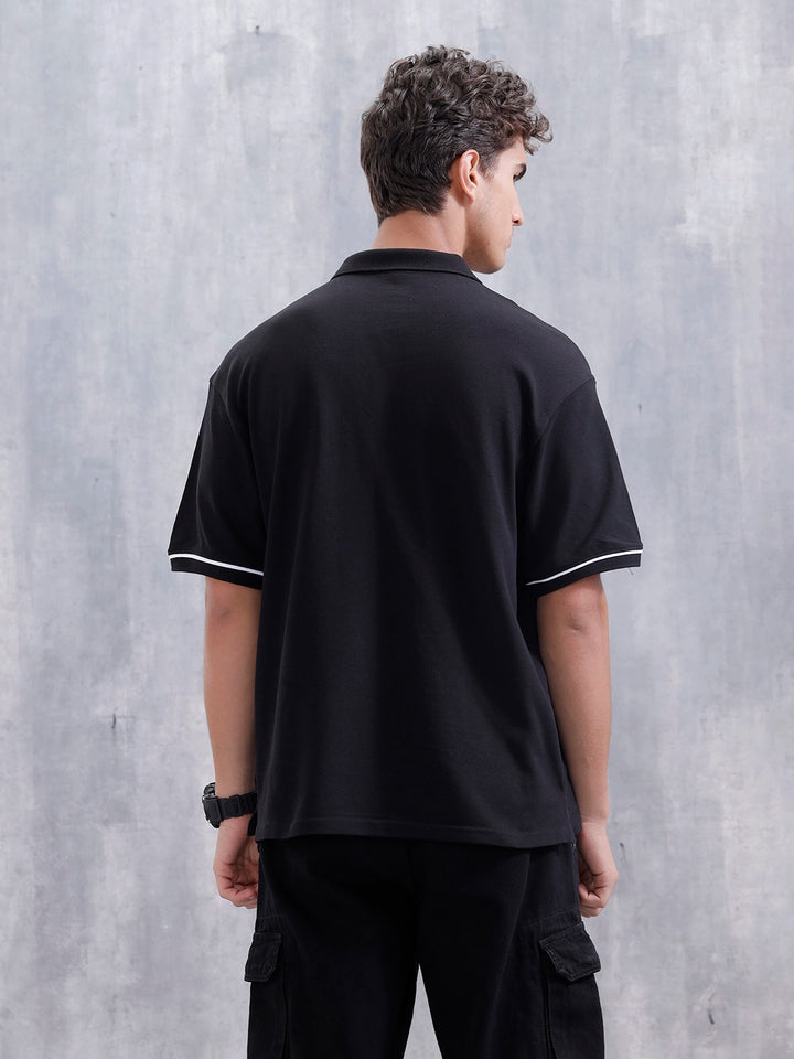 Oversized Polo T-Shirt With Contrast Trim Details | Black