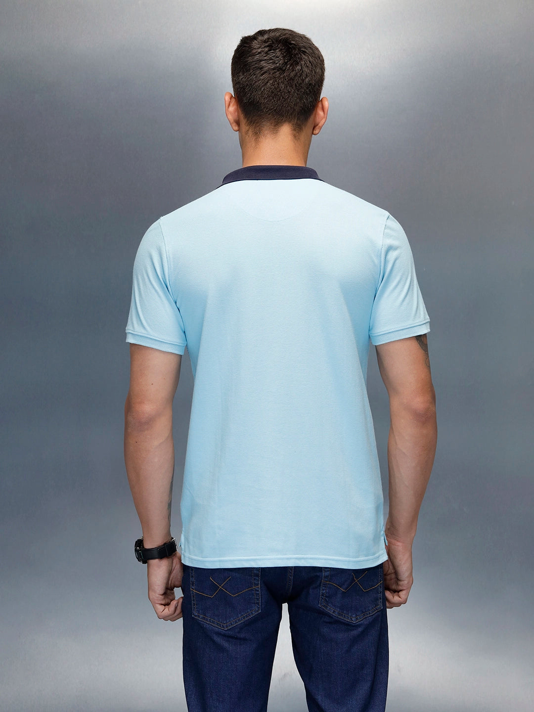 Men's Casual Regualr Fit Striped Patten Polo T-Shirt | Light Blue