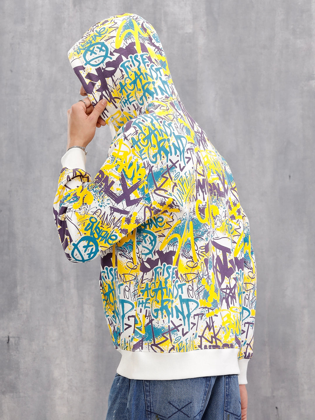 All Over Graffiti Print In Oversized Hoodie Pullover  |  Yellow