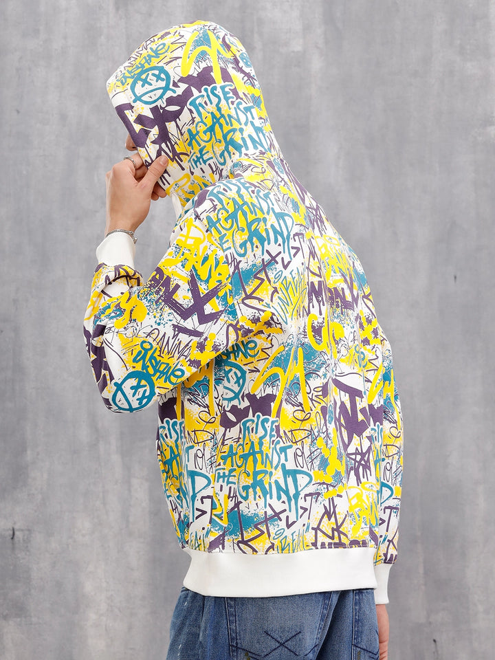 All Over Graffiti Print In Oversized Hoodie Pullover  |  Yellow