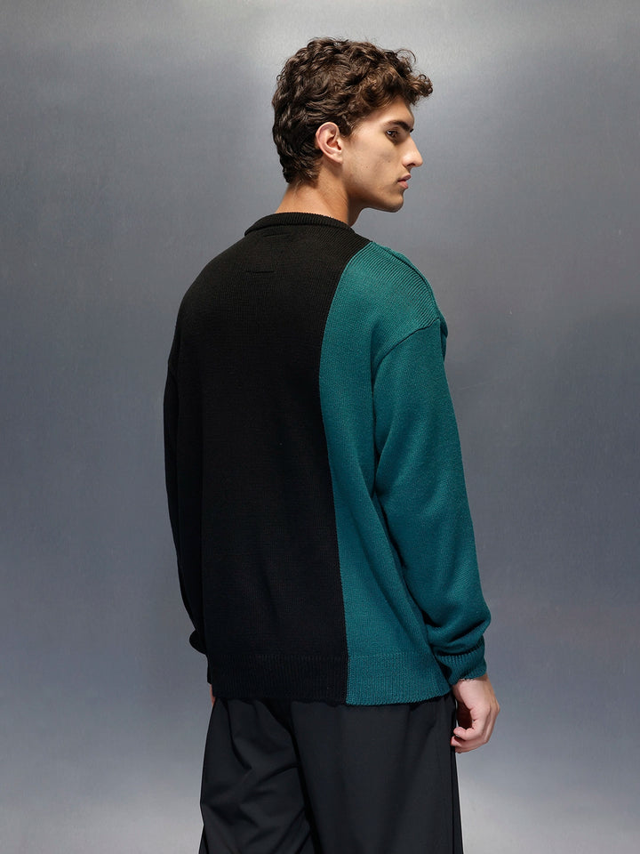 Men's Slim Fit Cable Knit Colorblocked Sweater  |  Black