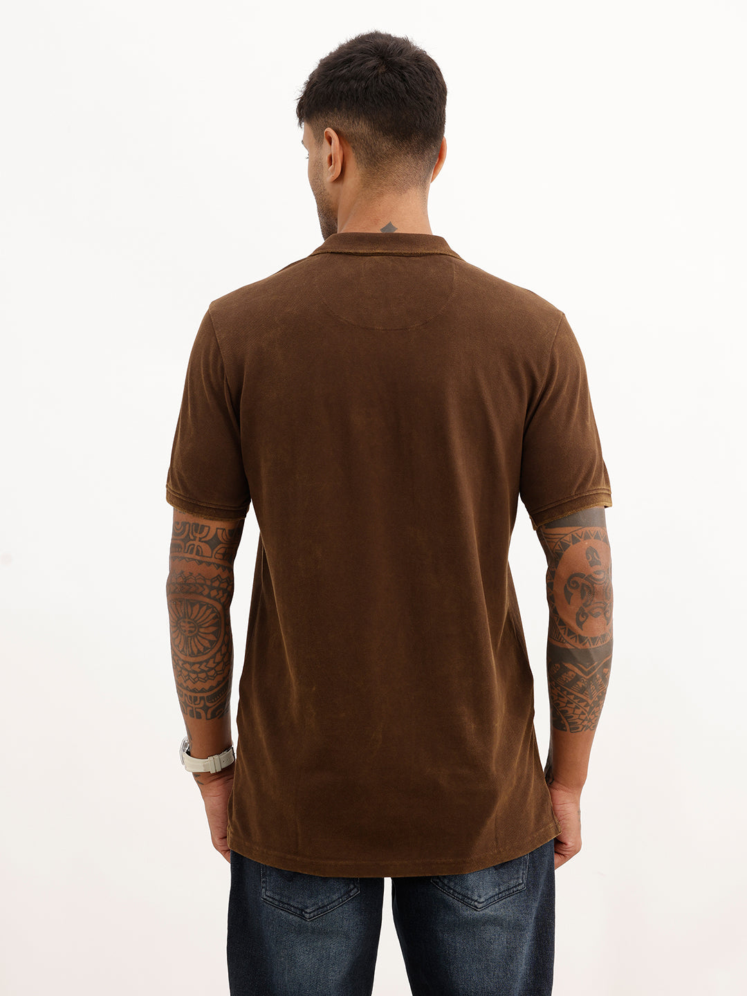 Washed Slim Fit Cut & Sew Polo T-Shirt | Brown