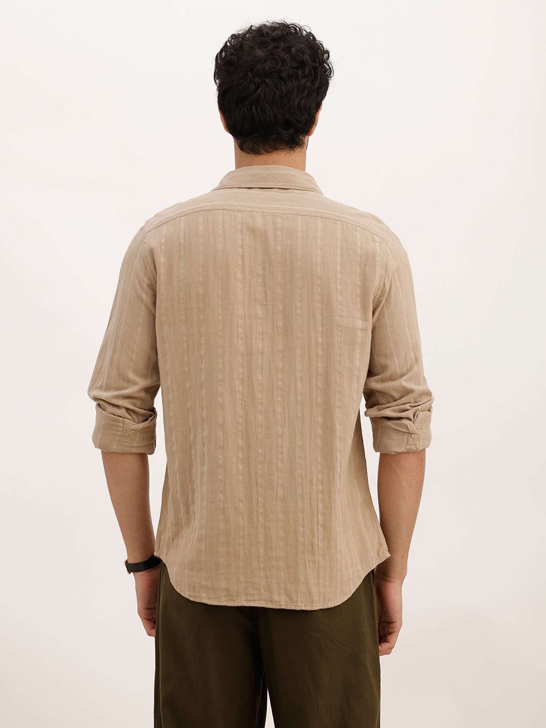 Slim Fit Textured Striped Full Sleeve Shirt | Khaki