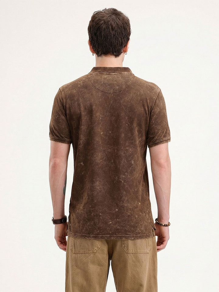 Slim Fit Washed Cut & Sew Polo T-Shirt | Brown