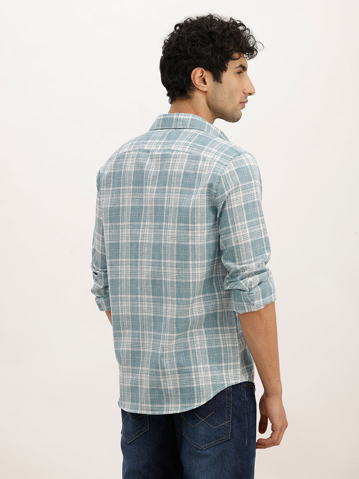 Slim Fit Checkered Full Sleeve Shirt | Blue
