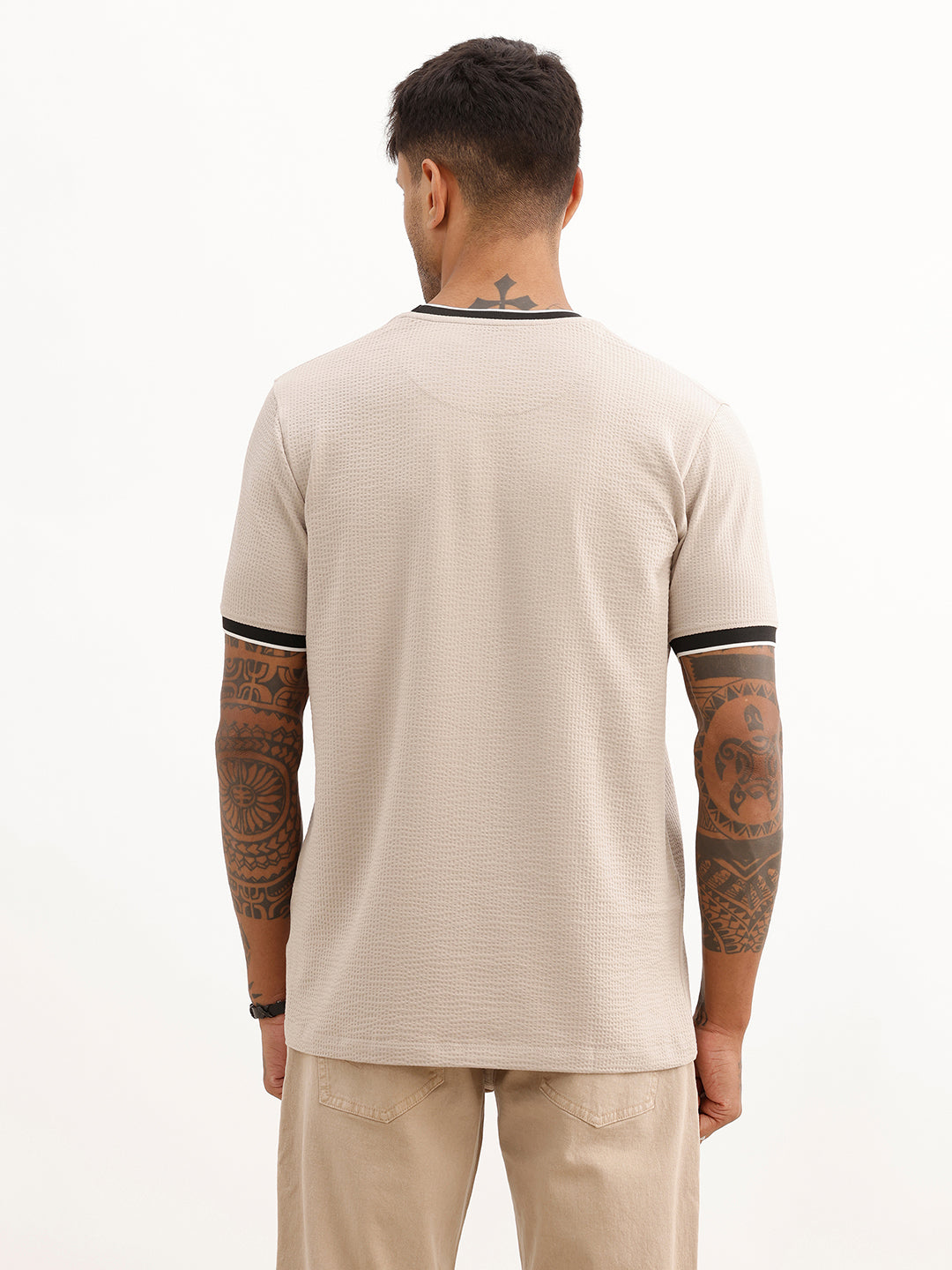 Slim Fit Textured Contrast Collar T-Shirt | Beige | WTS02HSSL1221S