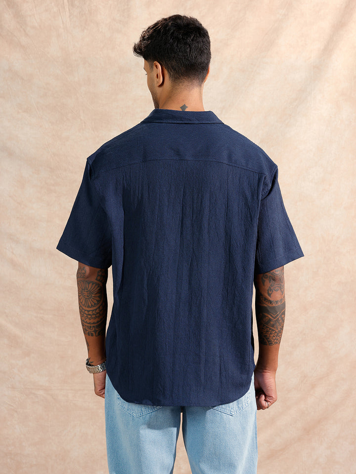Classic Textured Short Sleeve Shirt  | Navy Blue