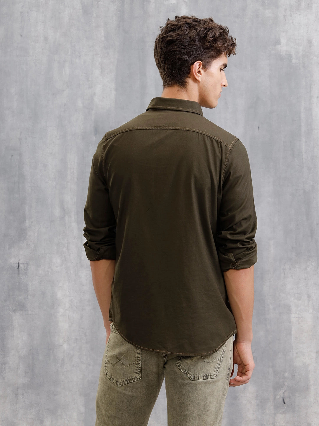100% Cotton Enzyme Regular Fit Shirt with Contrast Stitch Line I Olive