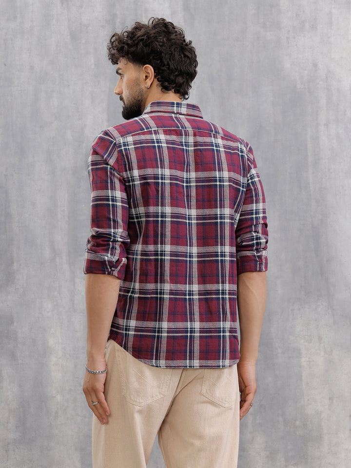 Slim Fit Check Shirt In Special Slub Weave | Maroon