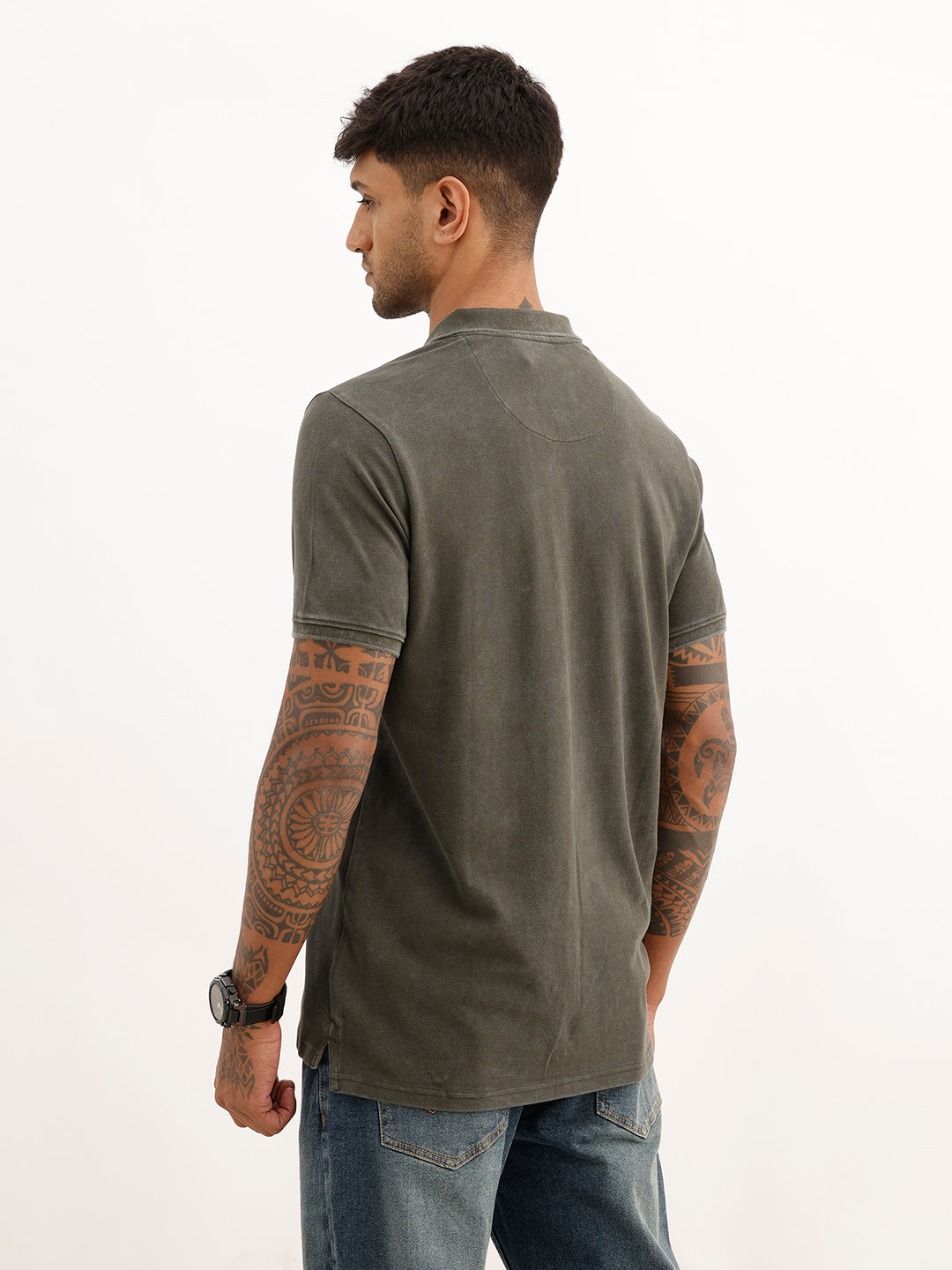 Slim Fit Faded Cut & Sew Polo T-Shirt | Olive