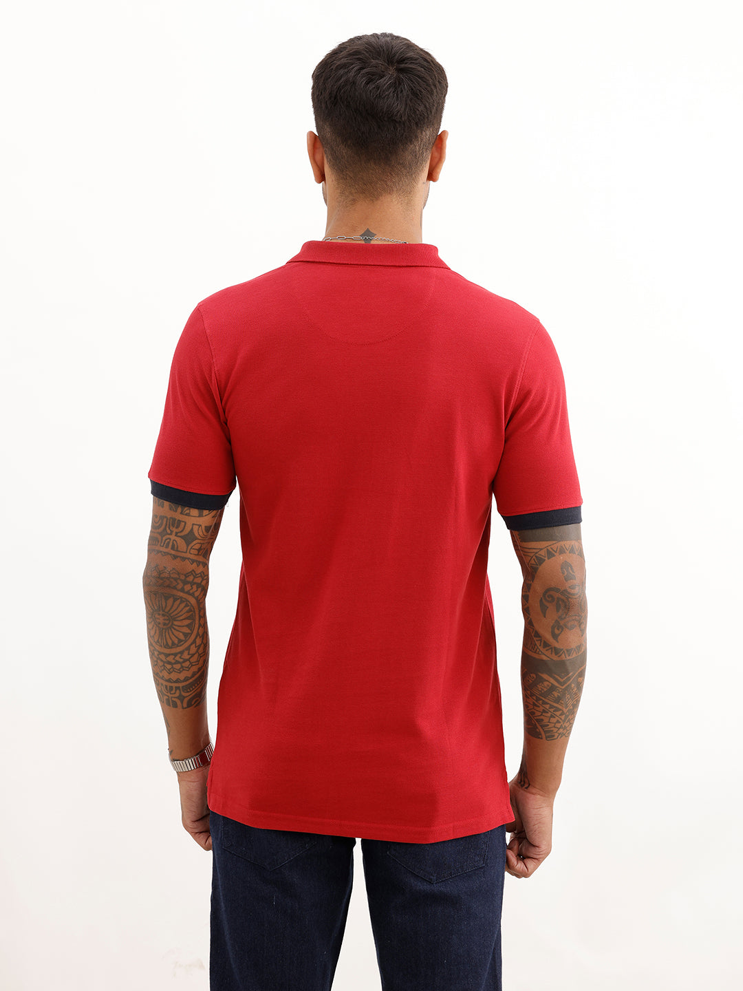 Classic Slim Fit Contrast Sleeve Polo T-Shirt | Red