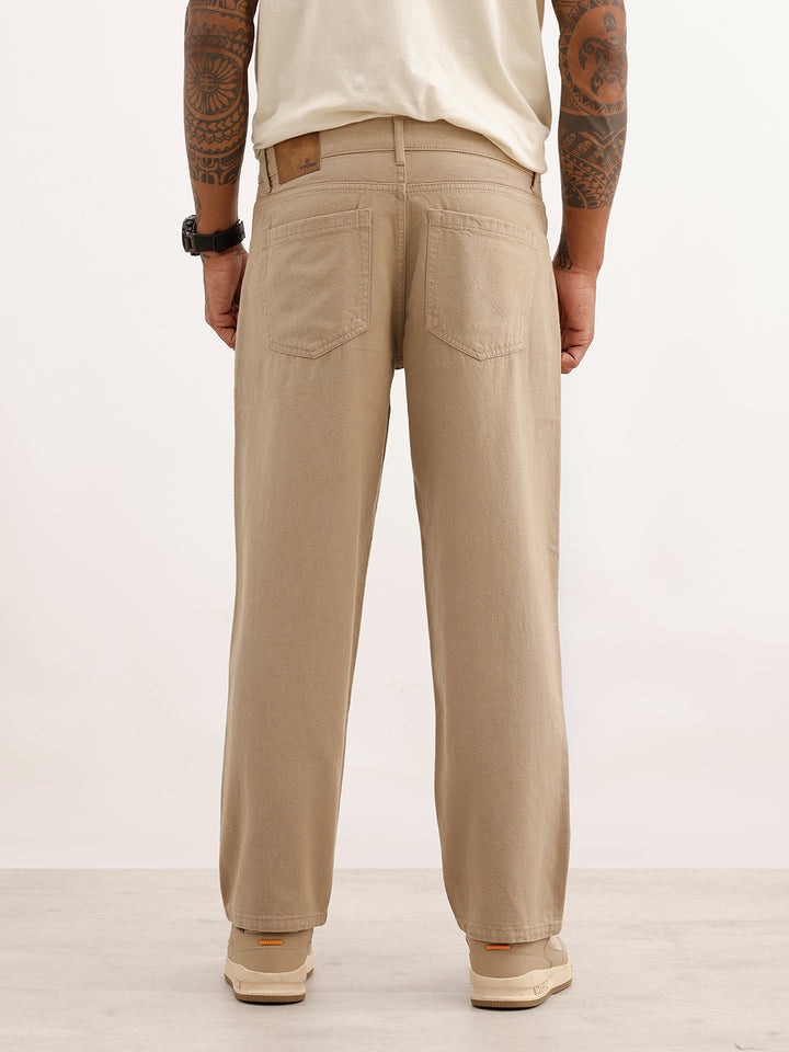 Solid Loose Fit Denim Jeans | Khaki