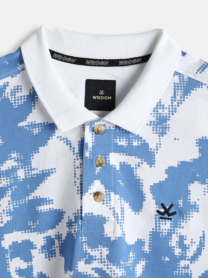 Abstract Floral Printed Polo T-Shirt | Blue & White