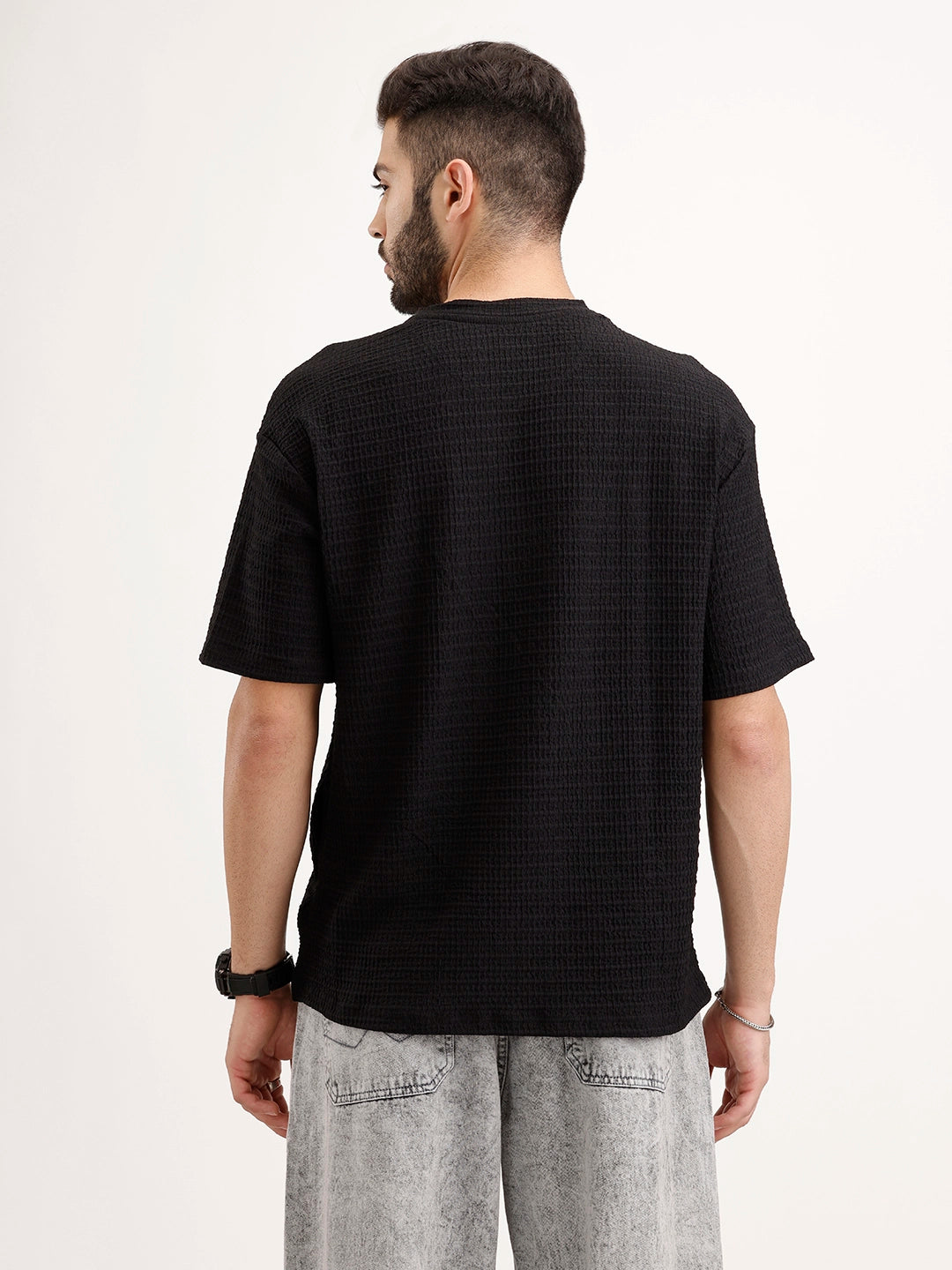 Solid Oversized Textured T-Shirt | Black