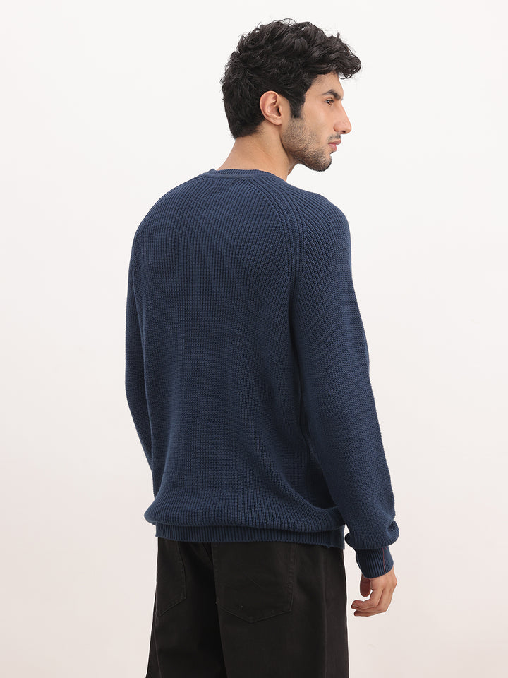 Solid Comfort Fit Knitted Sweater | Navy Blue