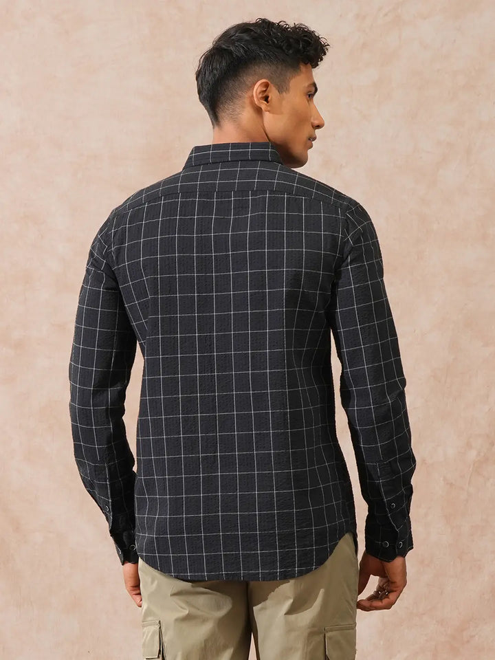 Checked Seersucker Slim Fit Shirt | Black