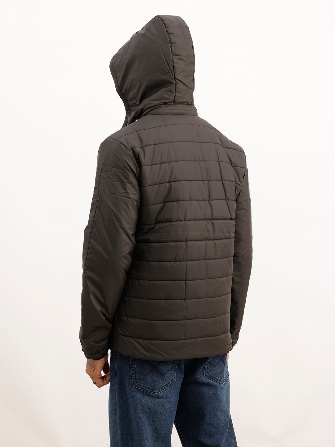 Solid Regular Fit Hooded Puffer Jacket | Black