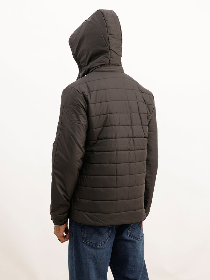 Solid Regular Fit Hooded Puffer Jacket | Black