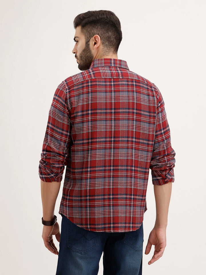 Textured Slim Fit Checkered Shirt |Maroon