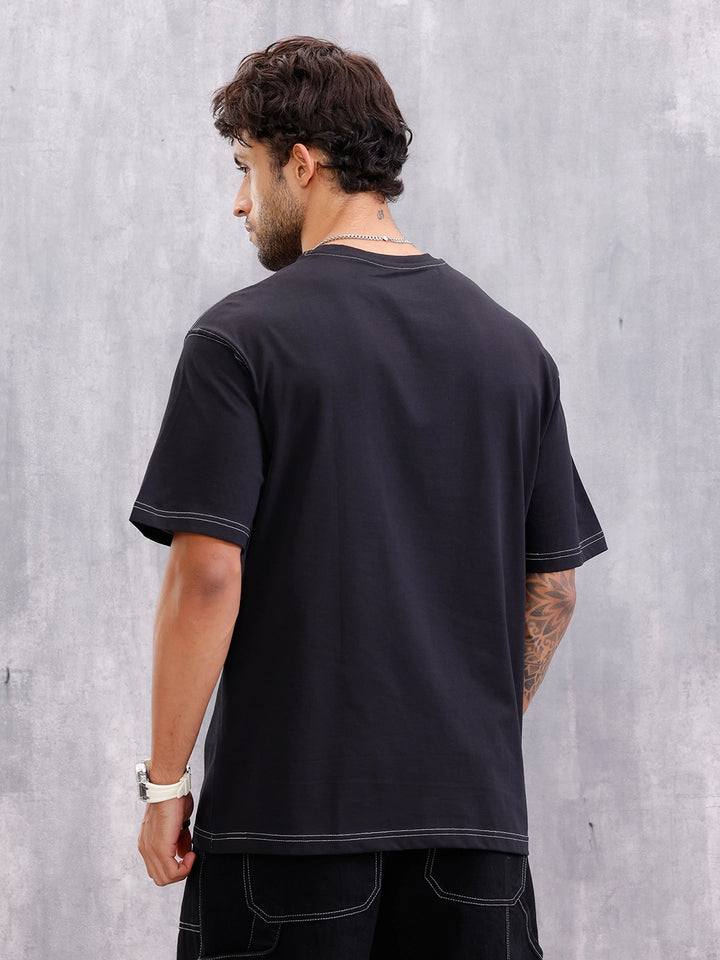 Contrast Stitch Detail Oversized Fit T-shirt With Logo Embroidery | Black