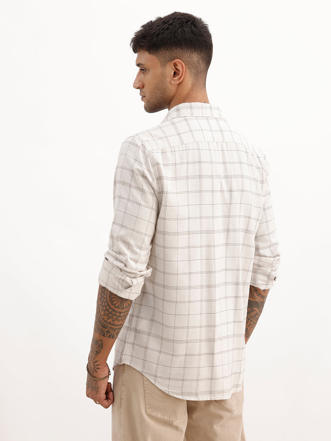 Slim Fit Checkered Full Sleeve Shirt | Beige