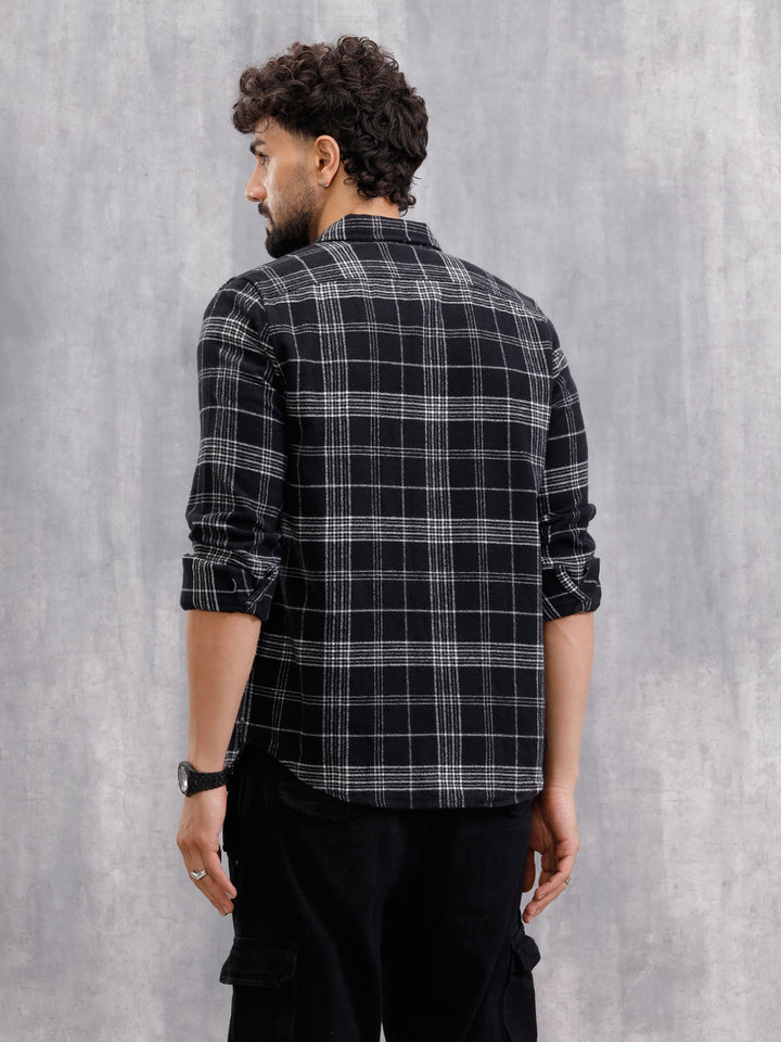 Soft Hand Brushed Check Shirt In Crepe Yarn | Black