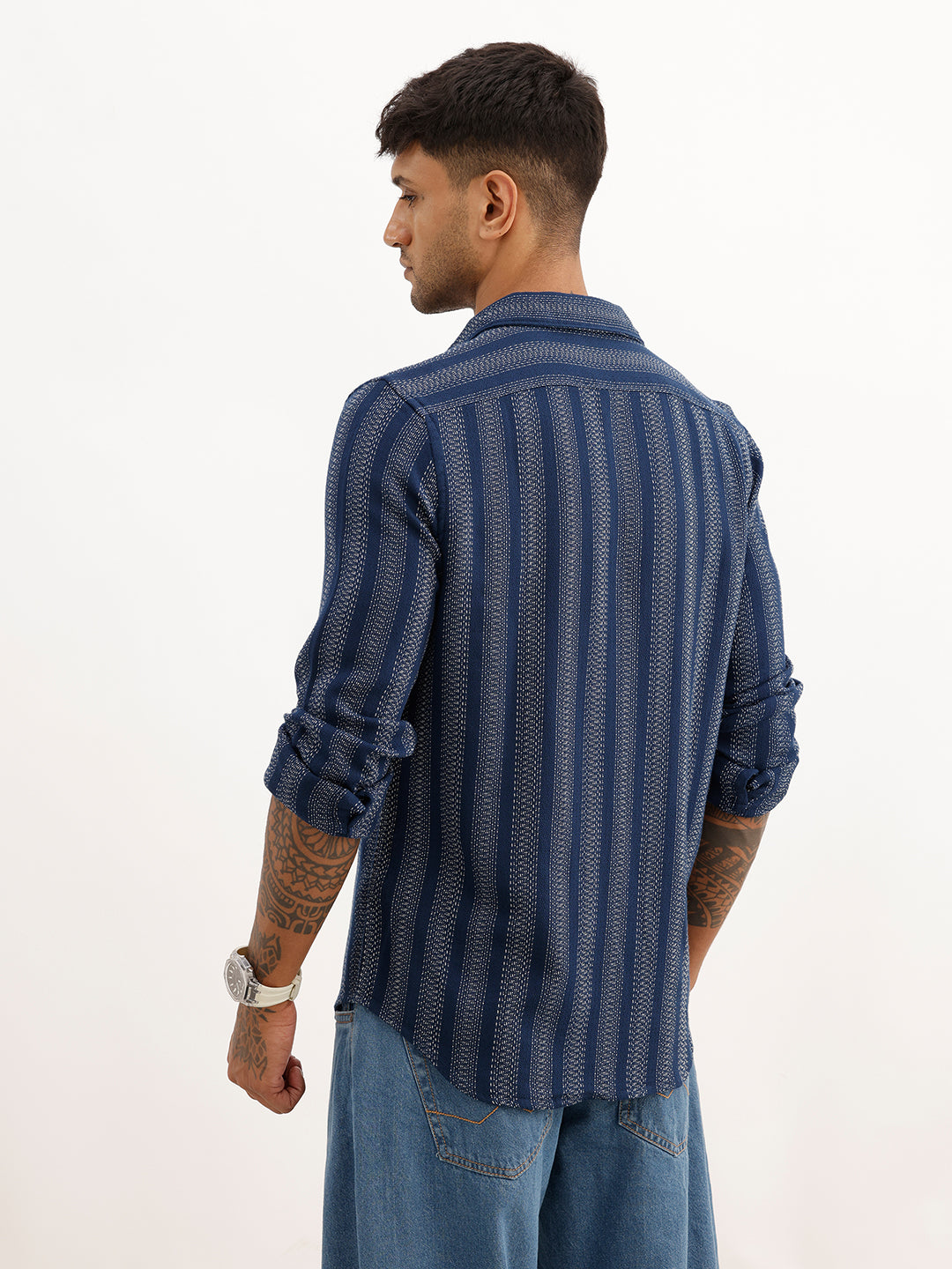 Slim Fit Striped Full Sleeve Shirt | Navy Blue