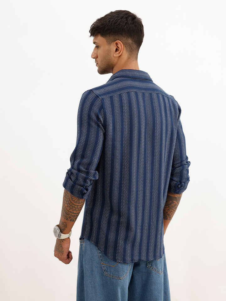 Slim Fit Striped Full Sleeve Shirt | Navy Blue