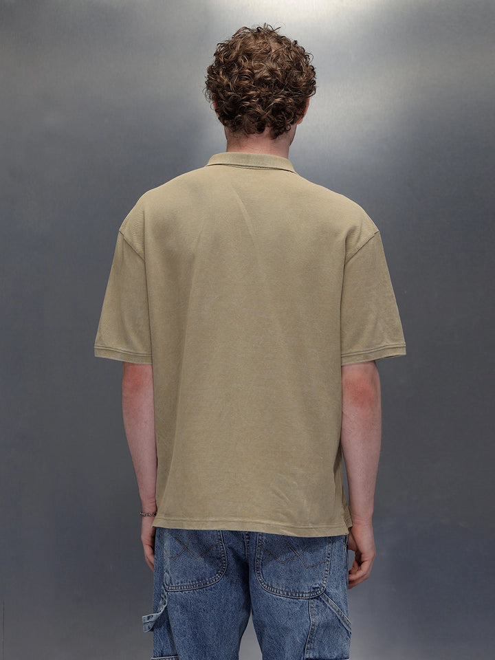 Washed Polo Neck Oversized T-Shirt With Branding | Khaki